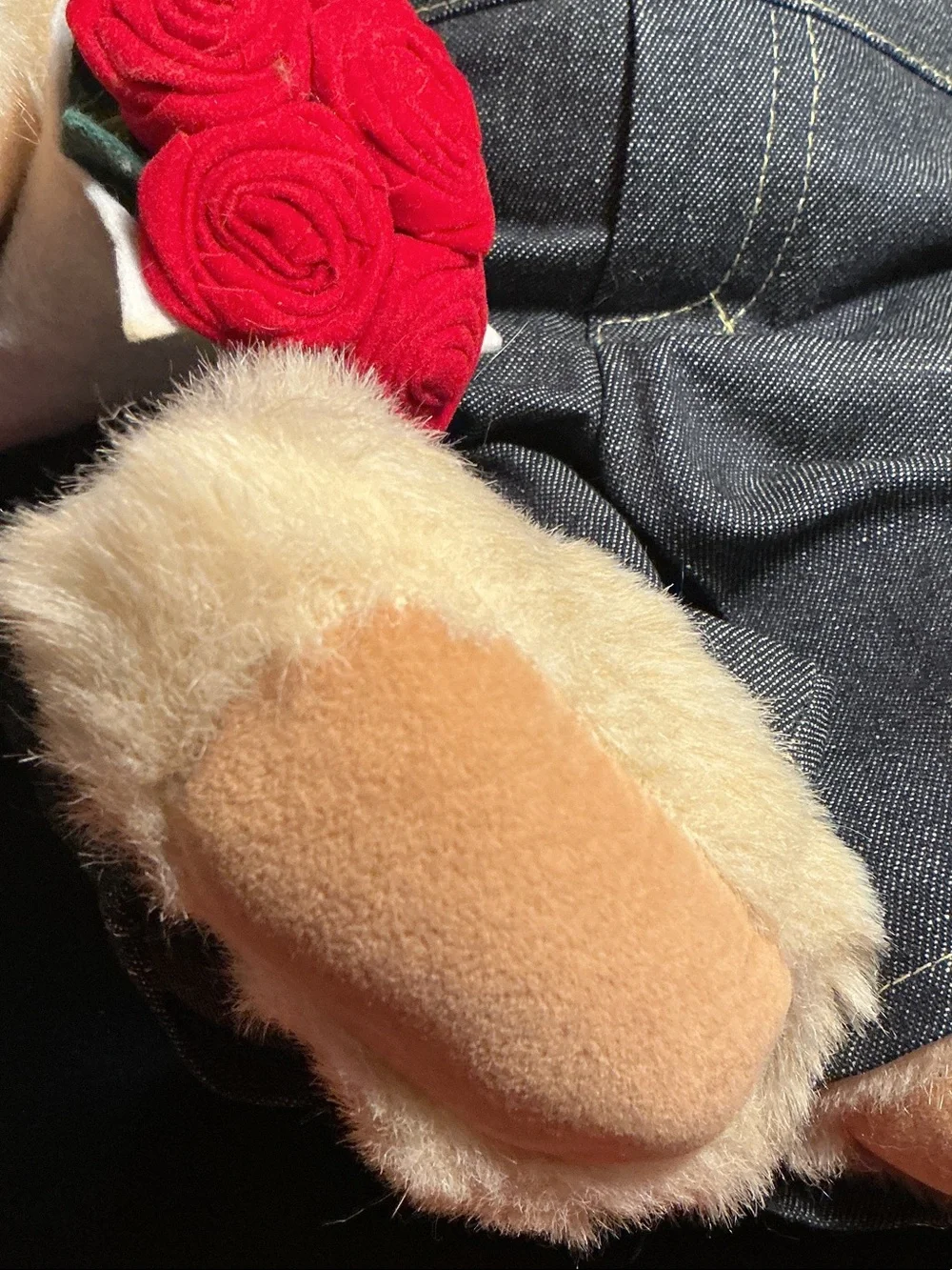 NWT Plush Beige Vermont Teddy Bear Co. in Denim Overalls with Red Rose Bouquet